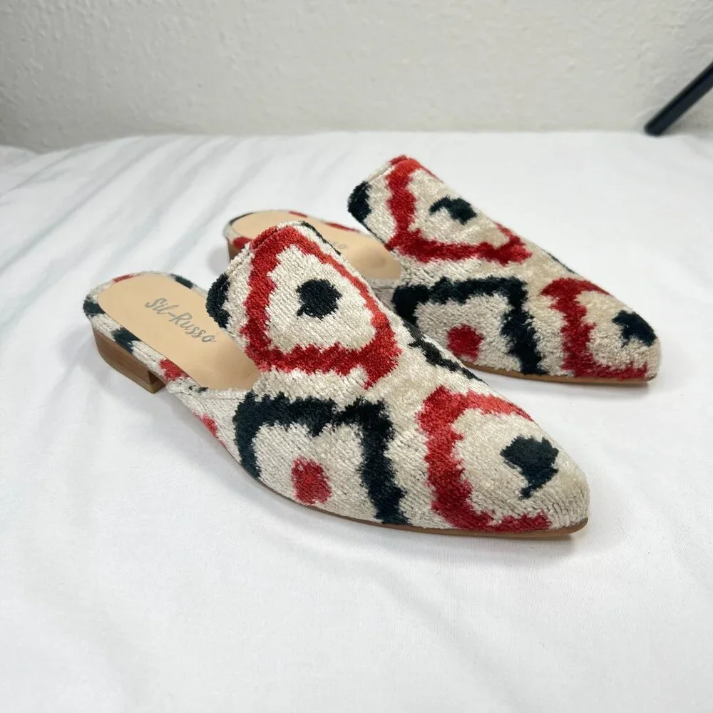 Sil-Russo Ikat Tapestry Mules Flats Slides Geometric Ivory Red Black 38 US 7-7.5 - Picture 8 of 10